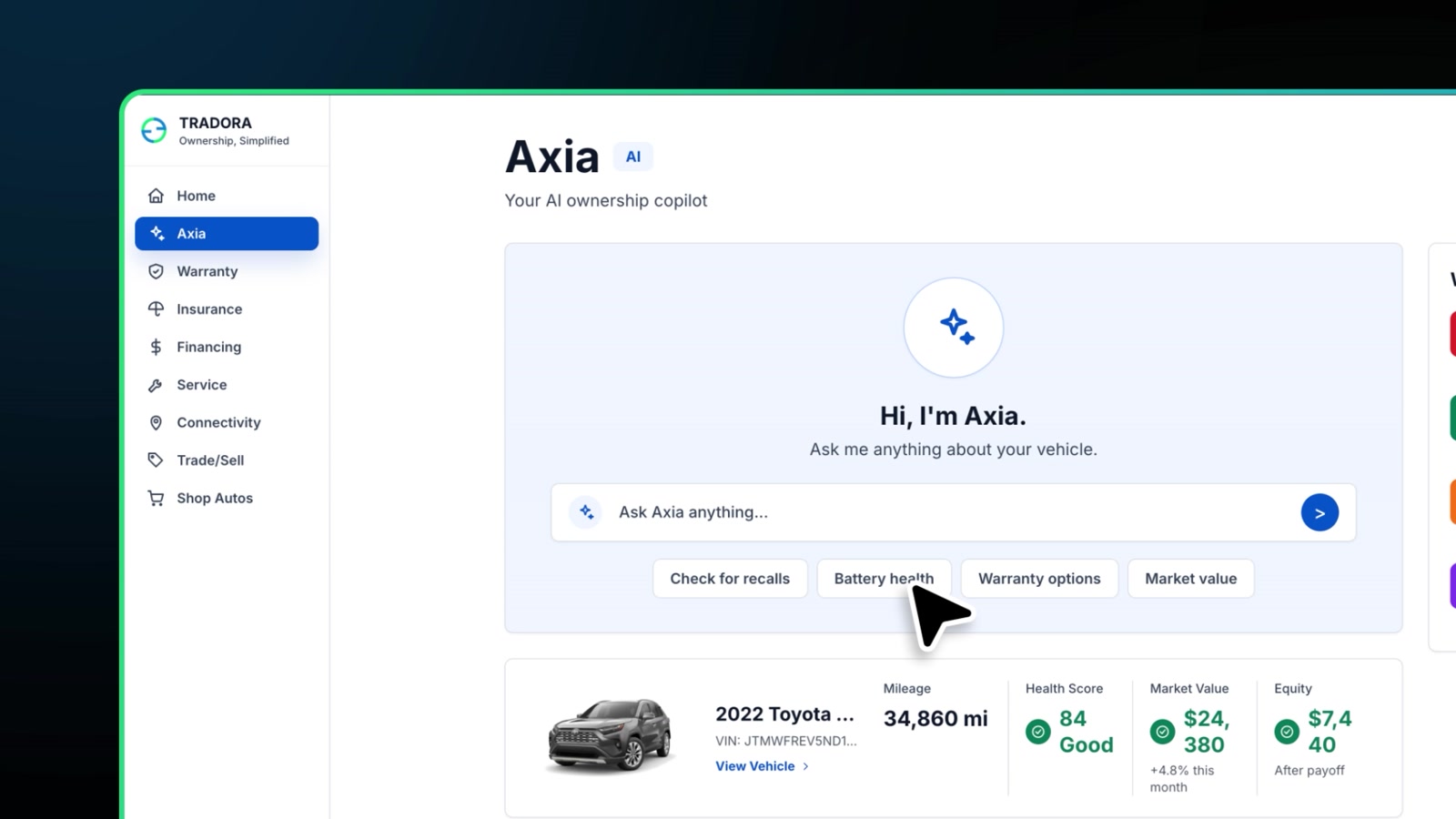 Axia AI ownership copilot interface in Tradora Auto